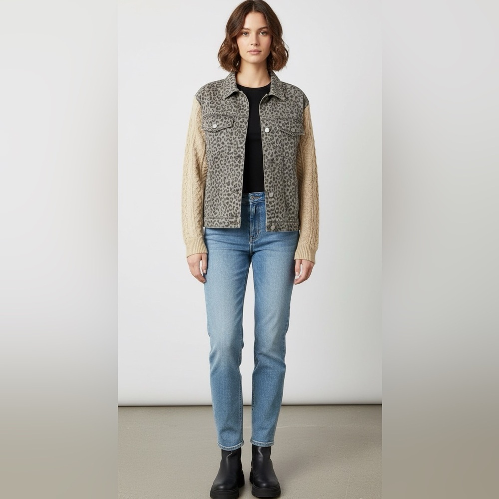 Macaron leopard /knit jean jacket oversized size small